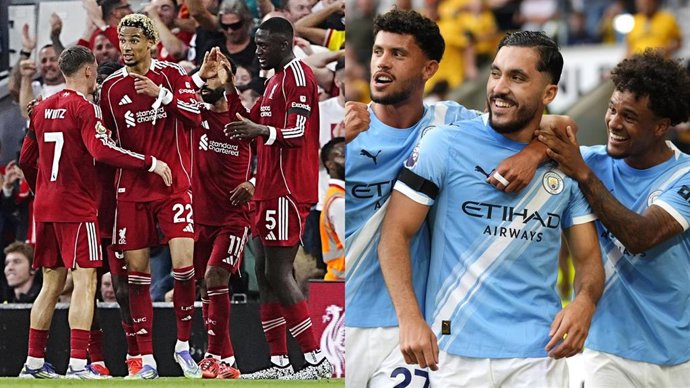 Jugadores del Liverpool celebran un gol (izquierda) y Rayan Cherki (Manchester City) también festeja un tanto.