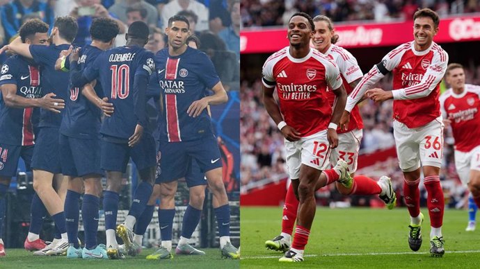 Los jugadores del PSG celebran un gol en la final de la Champions 2025 y los del Arsenal, uno en la Premier League.