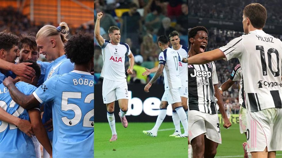 Los jugadores del Manchester City (izquierda), el Totenham y la Juventus (derecha) celebran un gol.