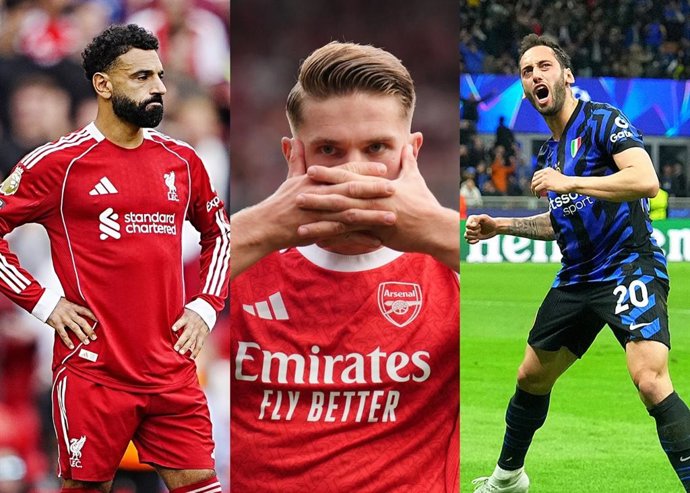 Los jugadores de fútbol Mohamed Salah (Liverpool), Viktor Gyokeres (Arsenal) y Hakan Hakan Çalhanoğlu (Inter de Milán).