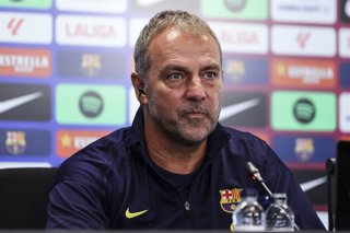 Hansi Flick, head coach of FC Barcelona, attends his press conference during the training day of FC Barcelona ahead the Spanish League, La Liga EA Sports, football match against Valencia CF at Ciudad Esportiva Joan Gamper on September 13, 2025 in Sant Joa