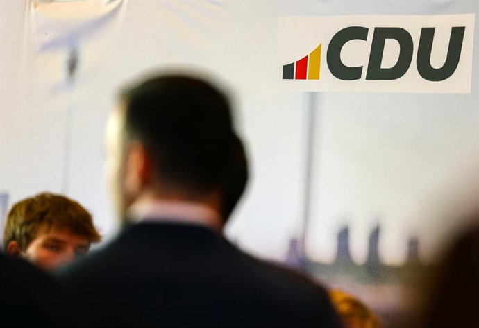 14 September 2025, North Rhine-Westphalia, Duesseldorf: The lettering "CDU" is seen on an advertising wall at the Christian Democratic Union (CDU) North Rhine-Westphalia election party. Photo: Christoph Reichwein/dpa
