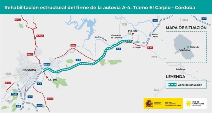 Plano que muestra el tramo de la A-4 que se verá afectado por las obras de rehabilitación del firme, entre El Carpio y Córdoba capital.