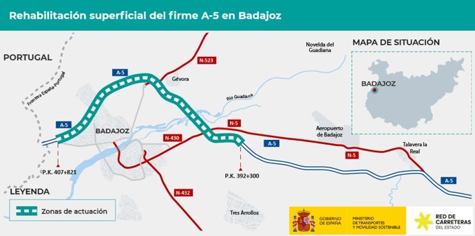 Mapa de la rehabilitación superficial del firme A-5 en Badajoz