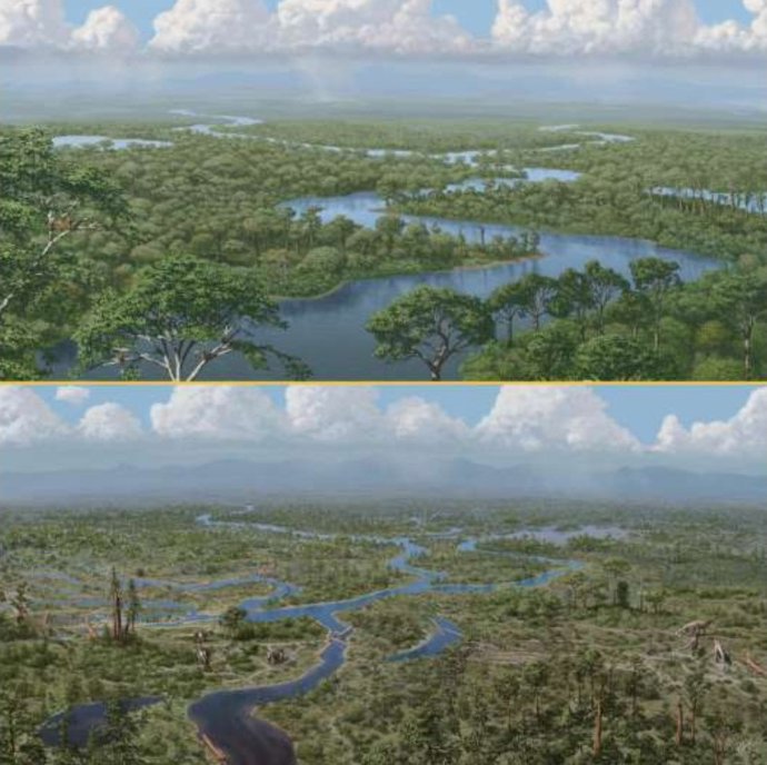 Los dinosaurios eran "ingenieros de ecosistemas", impidiendo el crecimiento de bosques densos. Su repentina desaparición provocó cambios ecológicos a gran escala, como se representa aquí en una representación artística