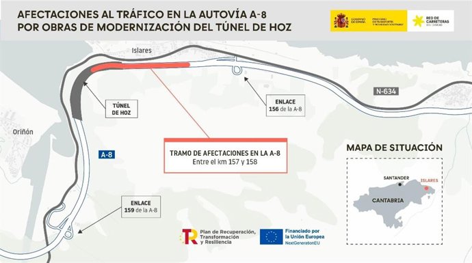 Infografía de las afecciones al tráfico por obras en el túnel de Hoz (Islares)