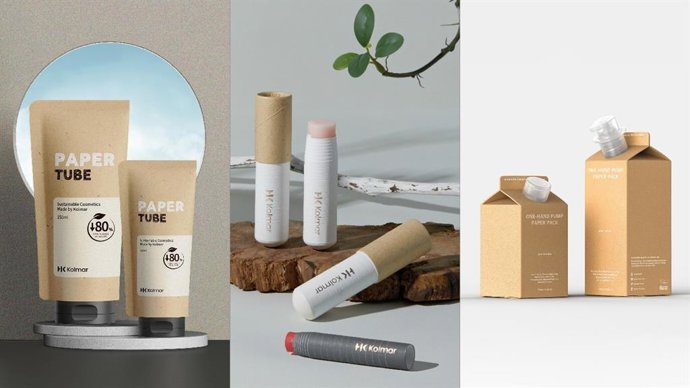 Kolmar Korea’s eco-friendly packaging innovations--paper tube (left), paper stick, and one-hand pump paper pack
