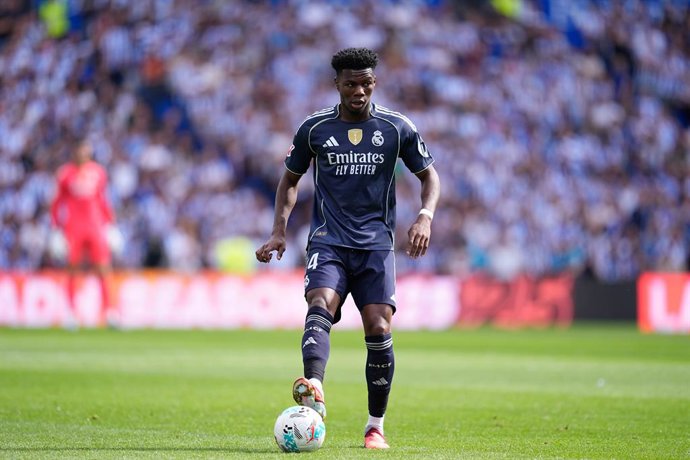Aurelien Tchouameni of Real Madrid CF in action during the Spanish League, LaLiga EA Sports, football match played between Real Sociedad and Real Madrid at Reale Arena on September 13, 2025, in San Sebastian, Spain.