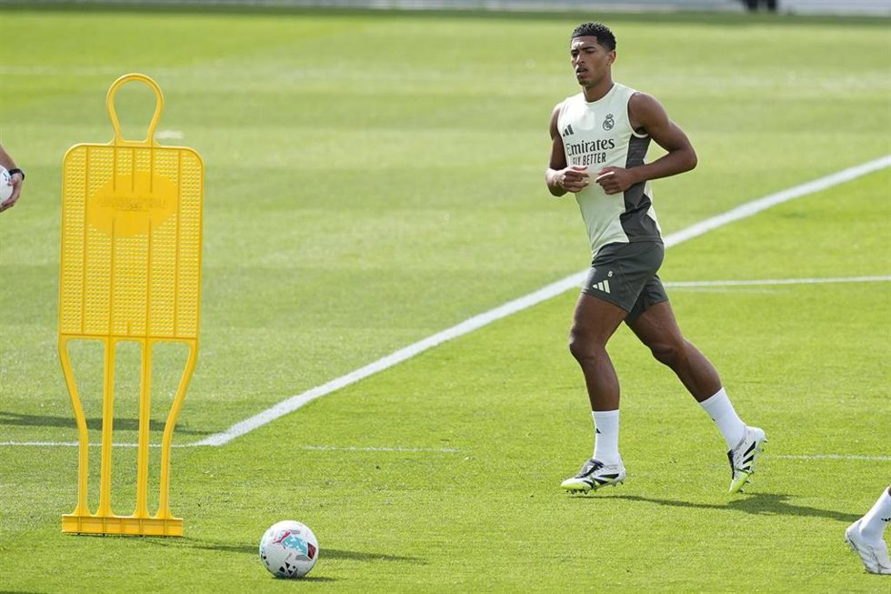 El centrocampista inglés Jude Bellingham, en un entrenamiento del Real Madrid en Valdebebas.