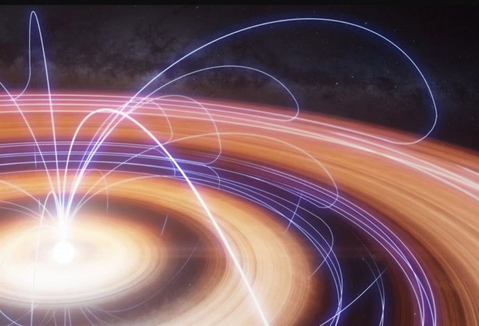 Esta impressão artística de campos magnéticos passando pelo disco protoplanetário de TW Hydrae mostra uma mudança na morfologia à medida que eles encontram lacunas e estruturas no disco.