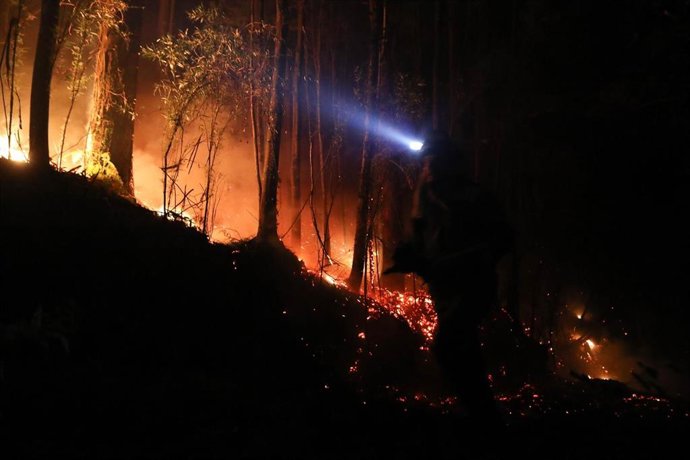 Un bomberos en las labores de extinción de un incendio