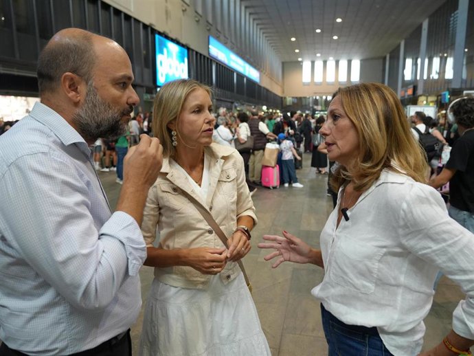 La diputada de Vox en Congreso por Sevilla, Reyes Romero (d), conversa con la portavoz municipal de la formación, Cristina Peláez, y el portavoz adjunto, Gonzalo García de Polavieja, en la estación de Santa Justa.
