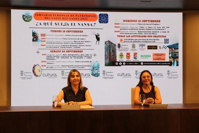 La directora de la Fundación Camino Lebaniego, Pilar Gómez Bahamonde; y la presidenta de la asociación Entre Valles, Rosalía Palazuelos, presentan las Jornadas Europeas de Patrimonio