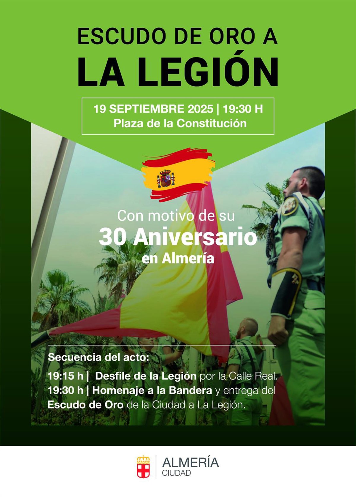 La Legión recibe este viernes el Escudo de Oro de la Ciudad por el XXX aniversario de su llegada a Almería