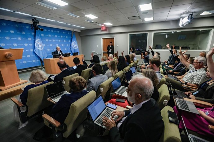 September 16, 2025, New York, New York, USA: UN Secretary-General ANTONIO GUTERRES, briefs and takes questions from the press after the first week of UNGA80, says finance will dominate High-Level Week as crises in Gaza, Ukraine, and genocide reports test 