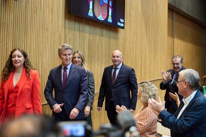 Archivo - (I-D) La portavoz del PP en el Congreso, Ester Muñoz; el presidente del PP, Alberto Núñez Feijóo; la portavoz del PP en el Senado, Alicia García, y el secretario general del PP, Miguel Tellado, a 8 de julio de 2025, en Madrid (España).