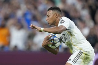 Kylian Mbappe of Real Madrid CF celebrates a goal during the UEFA Champions League 2025/26 League Phase MD1 match between Real Madrid C.F. and Olympique de Marseille at Estadio Santiago Bernabeu on September 16, 2025 in Madrid, Spain.