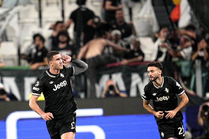 September 16, 2025, Italy: Juventus' Dusan Vlahovic celebrates after scoring the 2-2 goal for his team during the Uefa Champions League soccer match, between Juventus and Borussia Dortmund at the Allianz Stadium in Turin, north west Italy - Tuesday, Septe