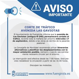 Cartel anunciador del corte de tráfico previsto para este mércoles.