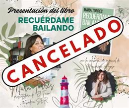 Cartel de cancelación de la presentación del libro de Mara Torres en la Bibliotaca de C-LM.