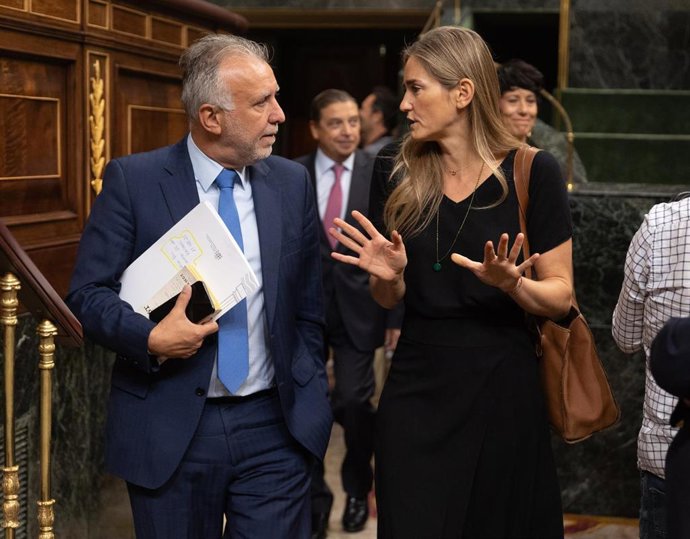El ministro de Política Territorial y Memoria Democrática, Ángel Víctor Torres y la vicepresidenta terca y ministra para la Transición Ecológica, Sara Aagesen, llega a una sesión de control al Gobierno en el Congreso de los Diputados.