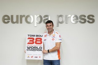 Toni Bou attends an interview for Europa Press after being crowned the world champion of X-Trial for the 38th consecutive time at Europa Press headquarters on September 10, 2025, in Madrid, Spain.