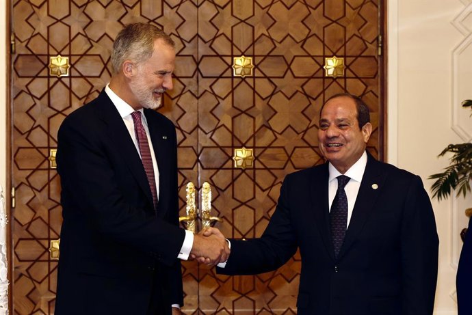 O Rei Felipe VI e o Presidente do Egito, Abdelfatá al Sisi, durante seu encontro no Palácio de Heliópolis, no Cairo.