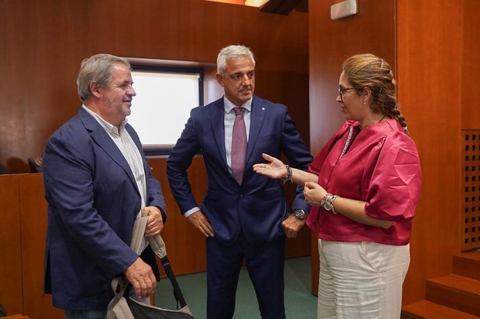 El director general de Salud Digital, Joaquín Velilla, flanqueado por los diputados Jesús Fuertes y Susana Gaspar, momentos antes de su comparecencia hoy en las Cortes de Aragón.