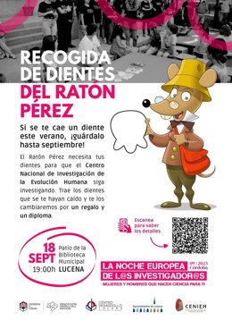 Archivo - Cartel del viaje del equipo del Ratón Pérez a Lucena (Córdoba) para recoger dientes de leche el día 18 de septiembre en la Biblioteca Municipal 'Rosa de Lima Muñoz Cañete'.