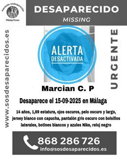 Cartel de SOS Desasparecidos que da cuenta de que se ha desactivado la alerta tras la localización del menor "en pefecto estado", según la Guardia Civil.