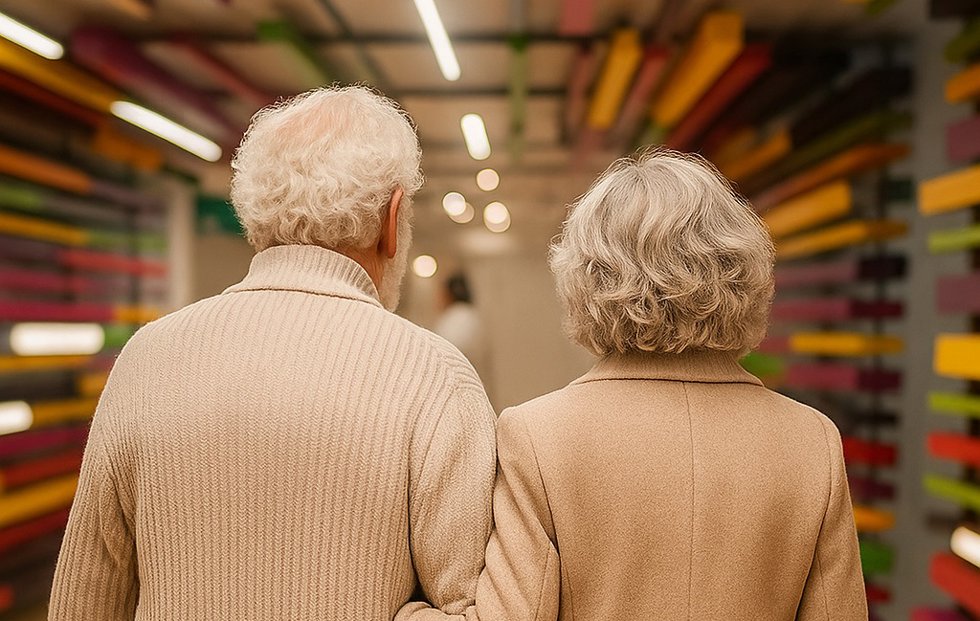 Una pareja de ancianos en un pasillo del hospital.