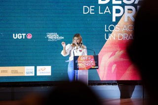 La vicepresidenta segunda y ministra de Trabajo y Economía Social, Yolanda Díaz, interviene en la inauguración de la Jornada Confederal de Salud Laboral 'Los Nuevos Desafíos de la Prevención. Los accidentes laborales, un drama evitable', en la sede de UGT