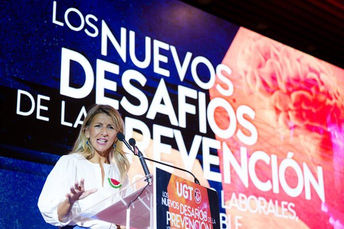 La vicepresidenta segunda y ministra de Trabajo y Economía Social, Yolanda Díaz, interviene en la inauguración de la Jornada Confederal de Salud Laboral 'Los Nuevos Desafíos de la Prevención. Los accidentes laborales, un drama evitable', en la sede de UGT