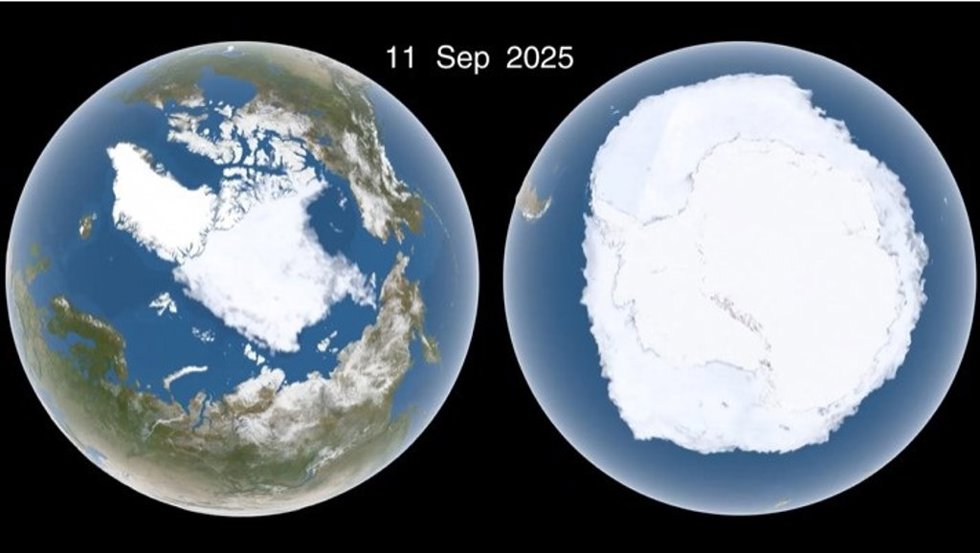 Imágenes diarias de la capa de hielo en el Océano Ártico (izquierda) y alrededor de la Antártida revelan la formación y el derretimiento del hielo marino en los polos a lo largo de dos años (del 14 de septiembre de 2023 al 13 de septiembre de 2025).