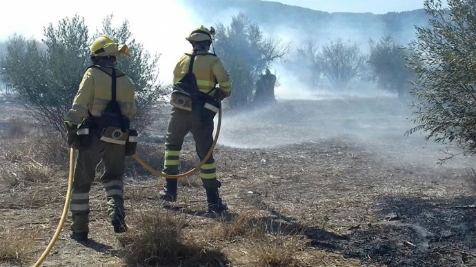 Archivo - Efectivos del Plan Infomur trabajan en la extinción de un incendio forestal