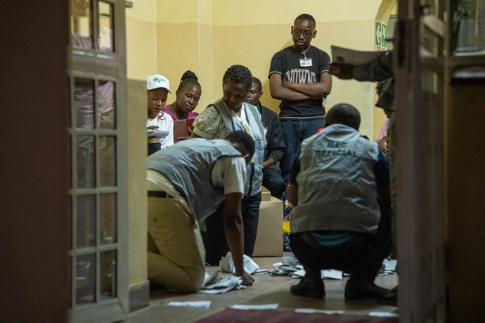 BLANTYRE, Sept. 17, 2025  -- Political party monitors and Malawi Electoral Commission (MEC) officers count ballots at a polling station in Blantyre, Malawi, Sept. 16, 2025. The much-awaited voting exercise started at 6 a.m. local time on Tuesday, with lon
