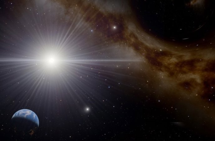 Ilustración que muestra un pequeño agujero negro dentro de nuestra galaxia, la Vía Láctea (arriba a la derecha), que podría emitir una explosión de partículas energéticas debido a la radiación de Hawking, algunas de las cuales se detectarían en la Tierra