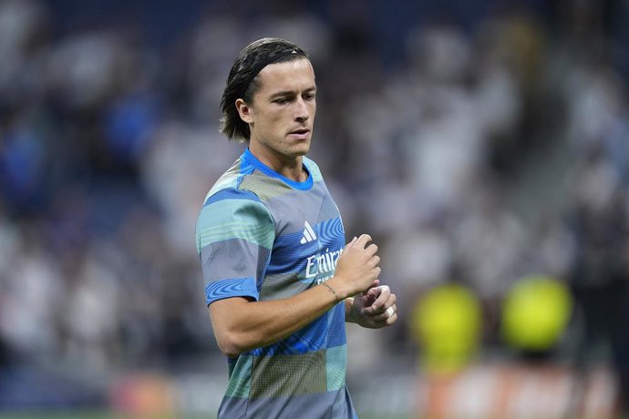 Alvaro Carreras of Real Madrid CF warms up during the UEFA Champions League 2025/26 League Phase MD1 match between Real Madrid C.F. and Olympique de Marseille at Estadio Santiago Bernabeu on September 16, 2025 in Madrid, Spain.