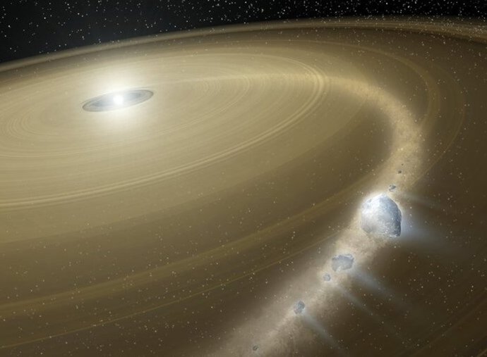 Ilustración aretística de una enana blanca y un disco de escombros