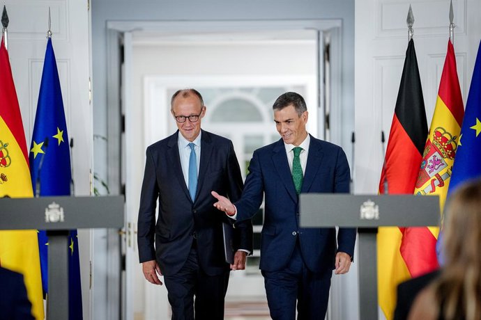 El president del Govern, Pedro Sánchez i el canceller alemany Friedrich Merz en una roda de premsa en La Moncloa en la seva primera visita a Espanya