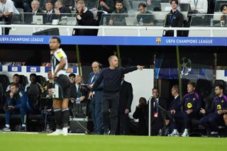 Hansi Flick, head coach of FC Barcelona, gestures during the UEFA Champions League 2025/26 League Phase MD1 match between Newcastle United FC and FC Barcelona at St James' Park on September 18, 2025 in Newcastle upon Tyne, England.