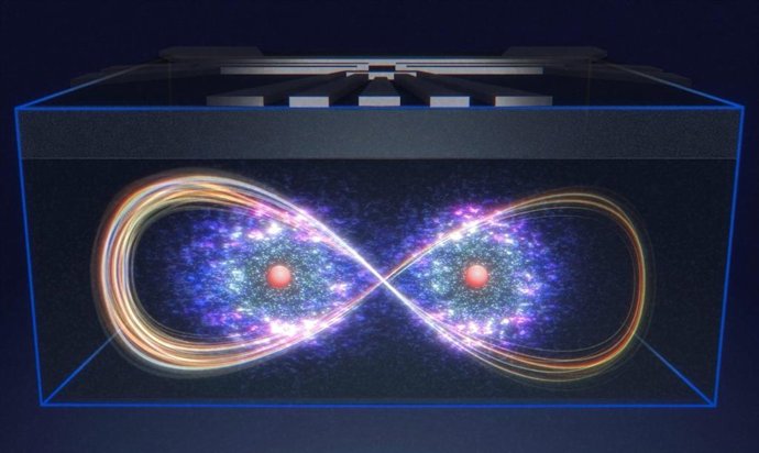 Impressão artística de dois spins nucleares, entrelaçados remotamente por meio da porta geométrica aplicada pelo elétron.