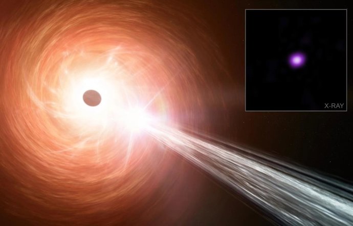 Concepto artístico de un agujero negro supermasivo, un disco circundante de material que cae hacia el agujero negro y un chorro que contiene partículas que se alejan a una velocidad cercana a la de la luz.