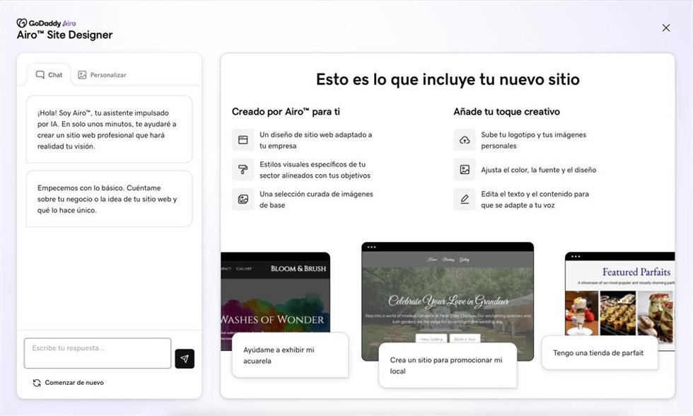 Borrador de página web creada por GoDaddy Airo Site Designer