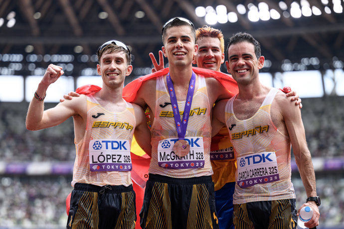September 20, 2025, Tokyo, Japan: 250920 alvaro Lopez, Paul McGrath and Diego Garcia Carrera of Spain after competing in men's 20 kilometers race walkduring day 8 of the 2025 World Athletics Championships on September 20, 2025 in Tokyo. .Photo: Joel Markl