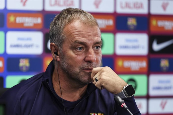 Hansi Flick, head coach of FC Barcelona, attends his press conference during the training day of FC Barcelona ahead the Spanish League, La Liga EA Sports, football match against Valencia CF at Ciudad Esportiva Joan Gamper on September 13, 2025 in Sant Joa