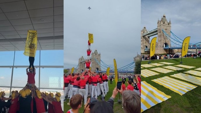 Colla Joves Xiquets de Valls en sus actuaciones, del Aeropuerto de Barcelona hasta Potter Fields Park