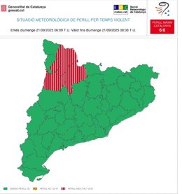 Mapa de les comarques afectades per l'alerta per temps violent