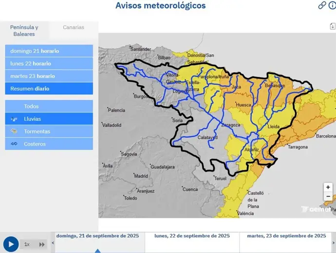 Mapa de la cuenca del Ebro con el detalle de los avisos meteorológicos