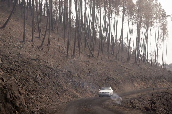 Un coche circula al lado del terreno calcinado, a 20 de septiembre de 2025, en A Barca, Sober, Lugo, Galicia (España). La conselleira do Medio Rural, María José Gómez, ha explicado que las llamas de este incendio forestal calcinaron varias casas y, aunque